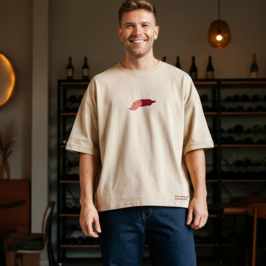 Cream Oversized High Neck T-Shirt with Embroidery