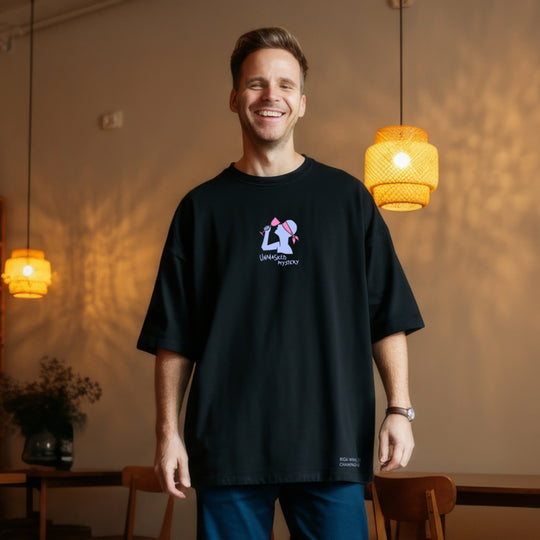 Black Oversized High Neck T-Shirt with Embroidery