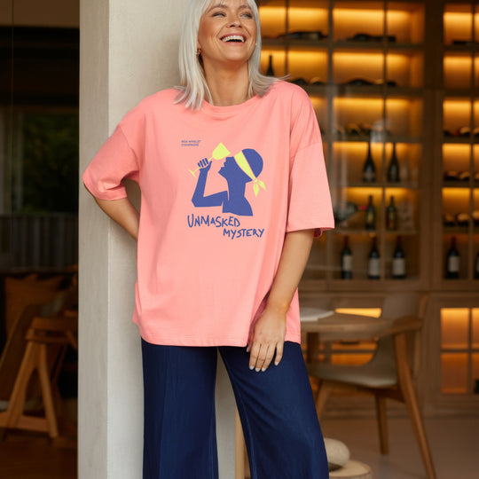 Pink Oversized Heavyweight T-Shirt with “Unmasked Mystery” Print